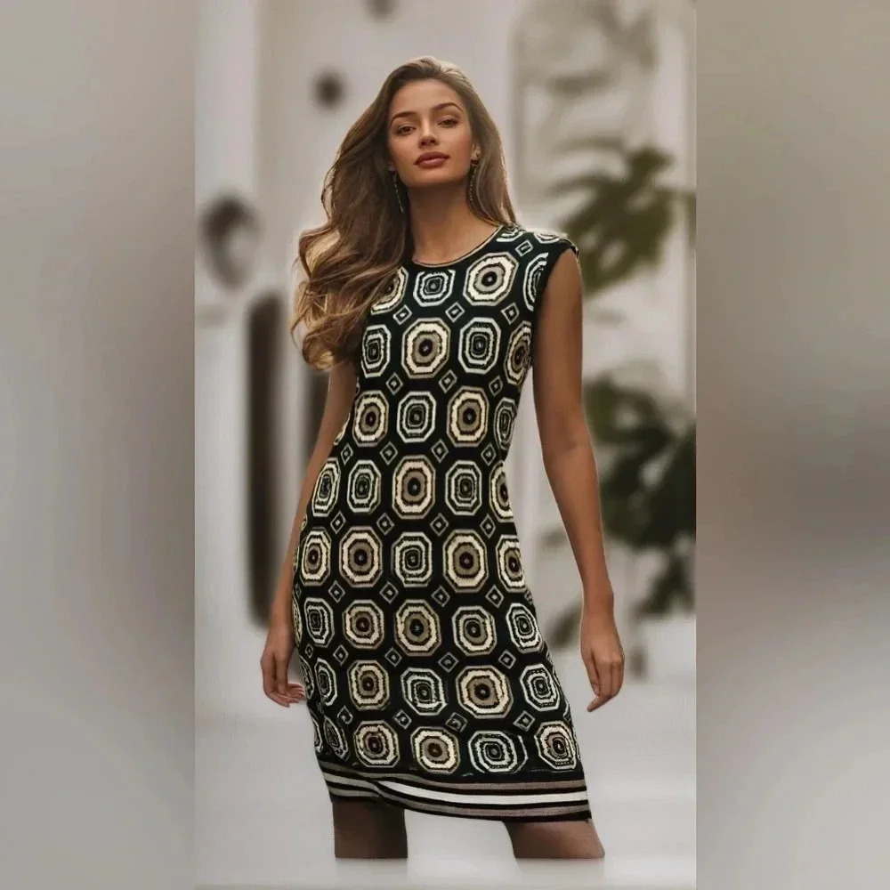 W By Worth 100% Wool Geometric Print Sweater Dress Camel Ivory Black Brown Sz‎ S